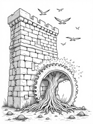 Ancient Wall with Vines and Giant Gear