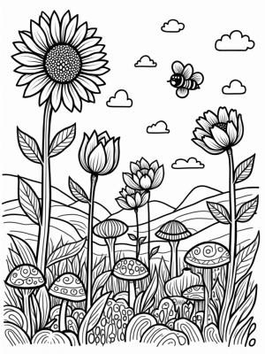 Whimsical Garden with Spiral Sunflowers and Floating Bee