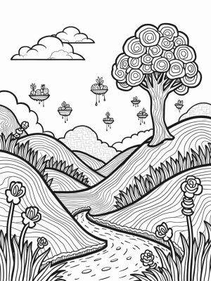 Vibrant Whimsical Landscape with Oversized Flowers and Floating Islands