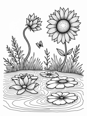 Oversized Flowers and a Spiral Sunflower in a Garden