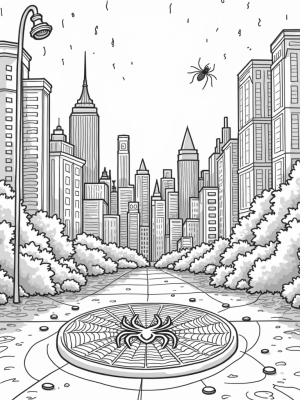 Twilight Cityscape with Spider Webs and Comic Book Pages
