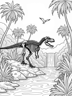 Dinosaur Skeleton in a Lush Prehistoric Jungle