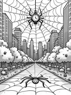 Urban Skyline with Spider Clock and Cartoon Insects