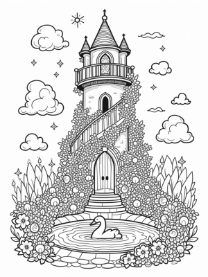 Majestic Castle Tower with Spiral Garden and Swan Fountain