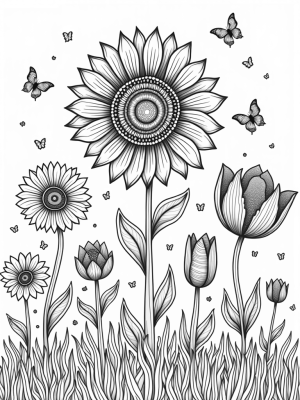 Oversized Flower Garden with Sunflower and Butterflies