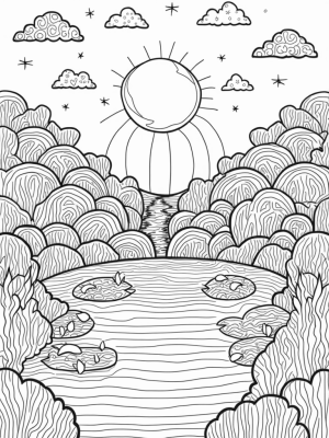 Overlapping Circles Landscape with Sun and Pond