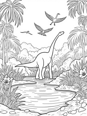 Brontosaurus and Pterosaurs in a Prehistoric Jungle