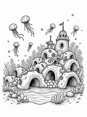 Underwater City with Colorful Submarines and Jellyfish