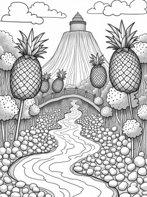 Whimsical Fruit Orchard with Chocolate River and Cake Mountain