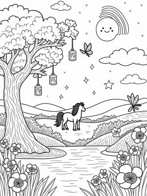 Colorful Ponies Under a Rainbow Cloud