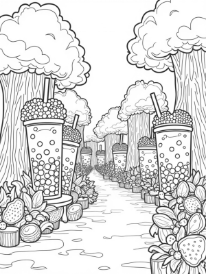 Boba Tea Forest with Oversized Cups and Fruit Benches