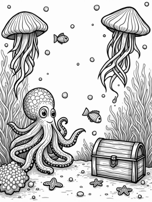 Underwater Garden with Giant Octopus and Jellyfish