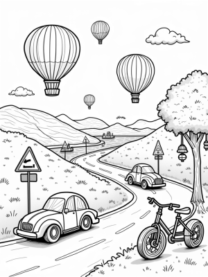 Hot Air Balloons and Wacky Vehicles in a Colorful Landscape
