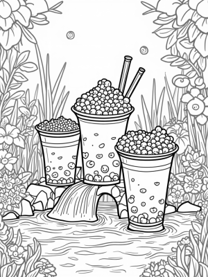 Boba Tea Garden with Colorful Cups and Tapioca Waterfalls