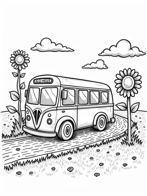 Flower-Shaped Bus with Rainbow Road and Sunflower Traffic Light