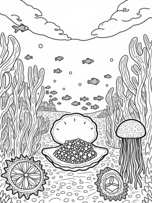 Underwater Garden with Giant Seashell and Colorful Fish
