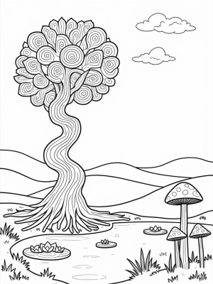 Whimsical Tree with Spiraling Roots and Vibrant Leaves