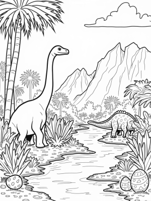 Brontosaurus and Stegosauruses in a Prehistoric Jungle