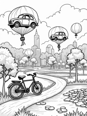 Floating Vintage Cars and a Giant Bicycle in a Whimsical Cityscape