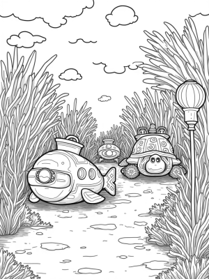 Underwater City with Submarines and Sea Turtles