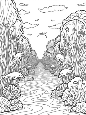 Underwater Coral City with Dolphins and Treasure
