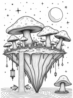 Floating Island with Colorful Mushrooms and Twinkling Lanterns
