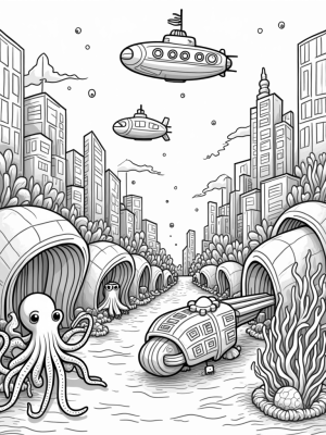 Underwater City with Colorful Submarines and a Jellyfish Blimp