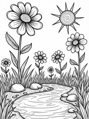 Oversized Abstract Flowers and a Colossal Daisy in a Whimsical Garden