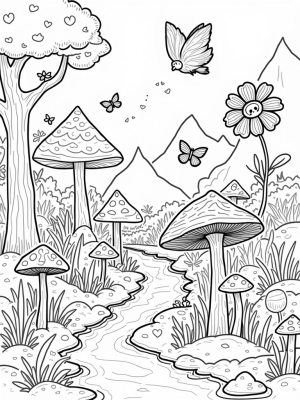 Oversized Mushrooms and Animal Patterns in a Whimsical Forest