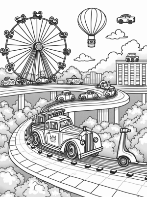 Floating Vintage Cars and a Candy Train in a Whimsical Cityscape