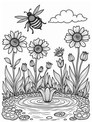 Oversized Flowers and a Giant Bee in a Whimsical Garden