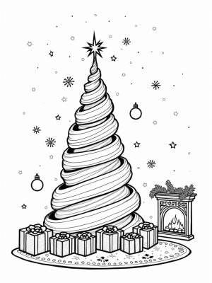 Peppermint Swirl Christmas Tree with Gifts and Fireplace