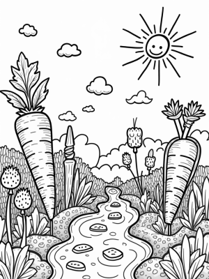 Giant Fruits and Vegetables in a Chocolate River Garden