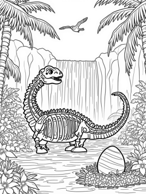 Prehistoric Jungle with Dinosaur Skeleton and Pterosaurs