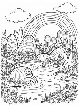 Giant Carrot Fountain and Bunny Burrow in a Colorful Garden