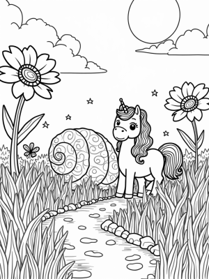 Pony in a Meadow with Giant Flowers and a Snail Shell