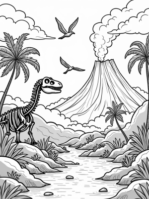 Colossal Dinosaur Skeleton in a Prehistoric Jungle