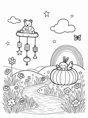 Nursery Landscape with Soft Toys and a Rainbow Crib