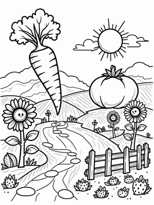 Giant Vegetables and Smiling Sun in a Farm Landscape