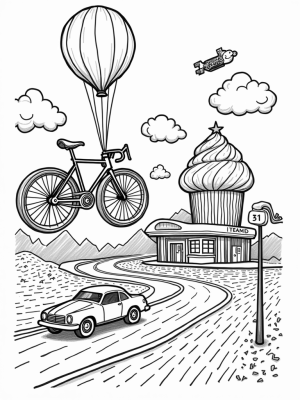 Floating Bicycles and Candy Cars in a Colorful Cityscape