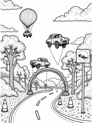 Floating Vintage Cars in a Whimsical Cityscape