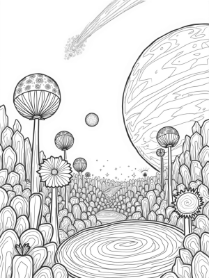 Cosmic Garden with Flower Planets and a Swirling Comet