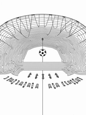 Geometric Sports Arena with Giant Basketball and Oversized Equipment