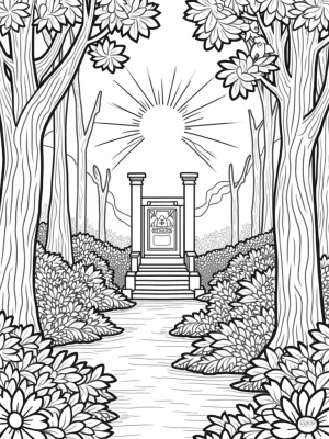 Serene Garden with Towering Trees and a Flowing River