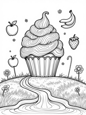 Giant Cupcake Surrounded by Floating Fruits