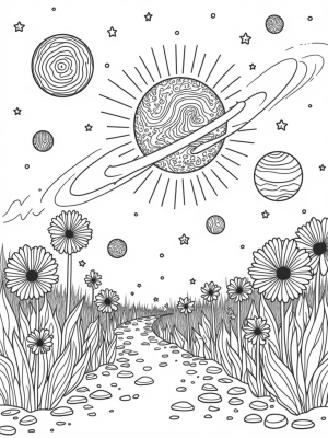 Cosmic Garden with Swirling Galaxies and Radiant Sun