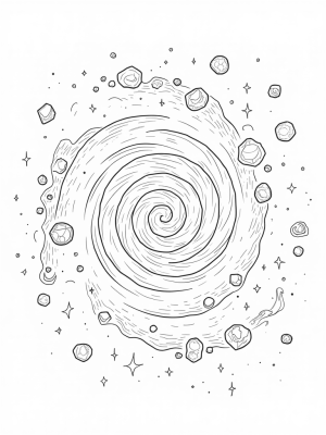 Cosmic Whirlpool with Luminous Planet and Floating Asteroids