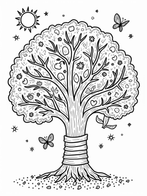 Seasonal Tree with Blossoms, Leaves, and Snowflakes