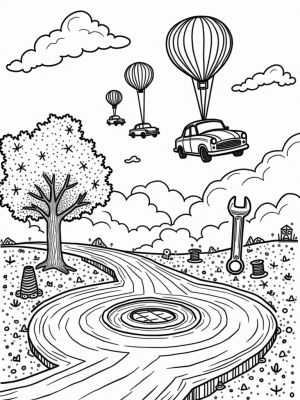 Vintage Cars Floating with Colorful Balloons