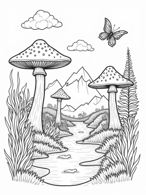 Tranquil Forest Glade with Giant Mushrooms and a Winding River